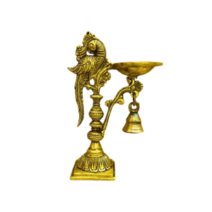 Gowpaa Brass Diya with Peacock Design, Antique Finish, For Pooja ( With a Small hanging bell)