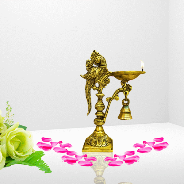 Gowpaa Brass Diya with Peacock Design, Antique Finish, For Pooja ( With a Small hanging bell) - Image 3