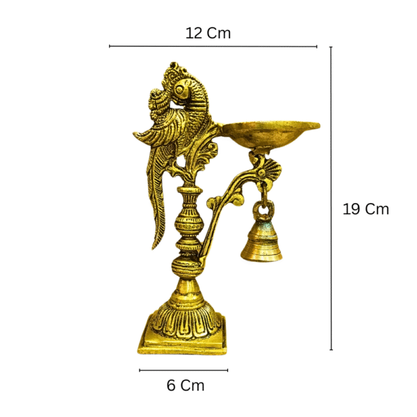Gowpaa Brass Diya with Peacock Design, Antique Finish, For Pooja ( With a Small hanging bell) - Image 4