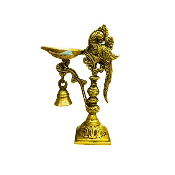 Gowpaa Brass Diya with Peacock Design, Antique Finish, For Pooja ( With a Small hanging bell) - Image 6